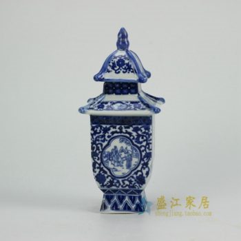 RZGE02 青花风景人物屏画雕塑亭式茶叶罐 盖罐 储物罐    尺寸：口径 3.6厘米 肚径 8.5厘米 高 19.2厘米