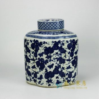 RYJF52-OLD 青花蝴蝶瓜果六棱扁圆型瓷罐 盖罐 储物罐     尺寸： 口径  9.8厘米   肚径 24*20.5厘米  高  29.5厘米