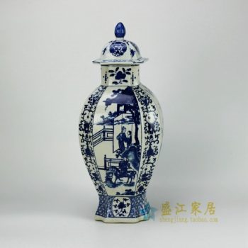 RYJF38-OLD青花六棱风景人物屏画瓷罐 盖罐 储物罐     尺寸：  口径  9厘米    肚径  22厘米   高   46.8厘米 