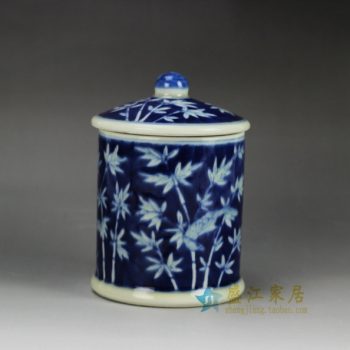 RYLU59-D青花翠竹图纹茶杯 办公杯 尺寸：口径 9厘米 盖径 10厘米 高15厘米