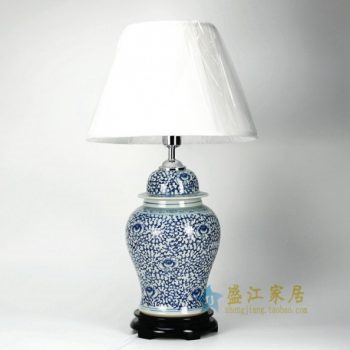 4932-DS30-WD 青花缠枝花卉将军罐瓷底座带罩灯台 灯具 尺寸：总高 72.5厘米 肚径 22.5厘米 瓷座高 39.5厘米 木底径 21厘米 