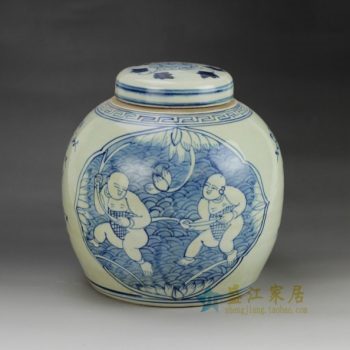 RZGC01-A 青花麒麟送子图屏画瓷罐 盖罐 储物罐  尺寸：口径  9.8厘米  肚径22.6厘米  高 22.8厘米