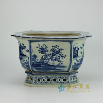 RZAJ08-old  手绘青花仿古花盆  花鸟镶器 八方 纯手工