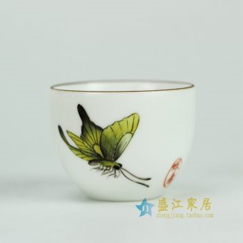 RYOK76-L_景德镇陶瓷 纯手绘 粉彩描金边 蝴蝶 茶杯 茶具