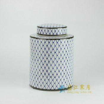 RYPU27-C_景德镇陶瓷 青花圈格纹储物罐 盖罐