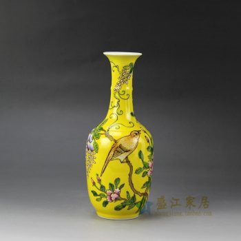 RYRK22_景德镇陶瓷 手绘黄底粉彩 花鸟花插 花瓶 家居摆件品