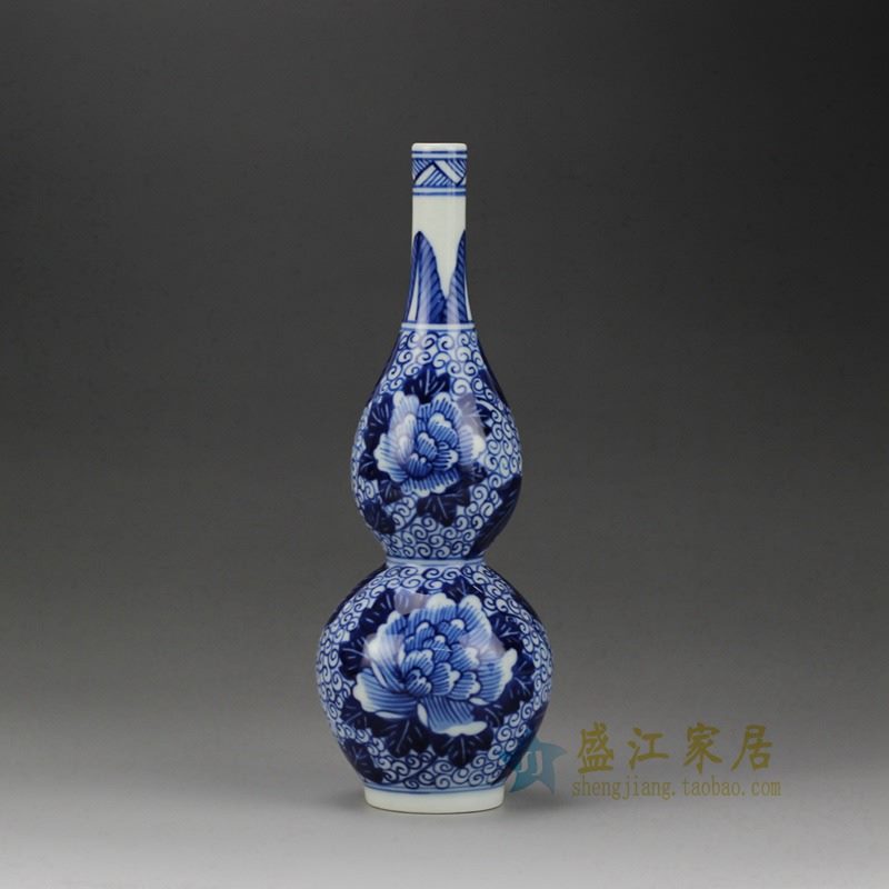 盛江陶瓷 手绘青花 葫芦花插花瓶 家居摆件品