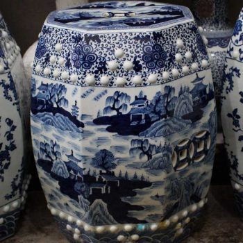 RYOM26-B_景德镇陶瓷 手绘青花缠枝山水  雕刻铜钱 六方凳凉墩