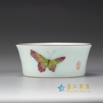 RYOK82-D_景德镇陶瓷 手绘粉彩 蝴蝶 描金边 单杯 茶具