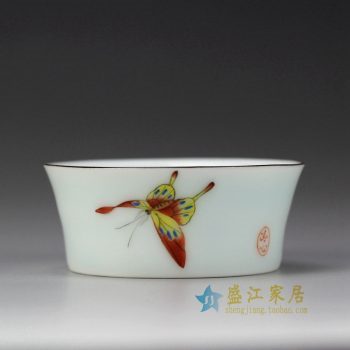 RYOK82-C_景德镇陶瓷 手绘粉彩 蝴蝶 描金边 单杯 茶具