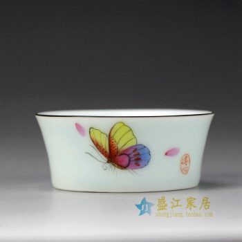 RYOK82-B_景德镇陶瓷 手绘粉彩 蝴蝶 描金边单杯 茶具
