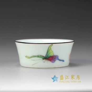 RYOK82-A_景德镇陶瓷 手绘粉彩 蝴蝶 描金边 单杯 茶具
