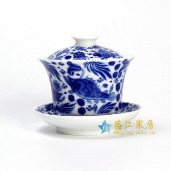 14DR117 青花 鱼草盖碗 三才碗