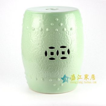 RYKB137-B 单色釉 影清雕刻荷花纹圆面 鼓凳