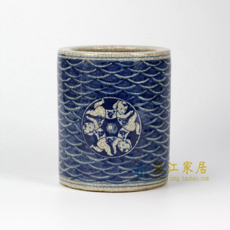 手绘青花哥窑开片裂纹 童子 海水波浪纹 笔筒