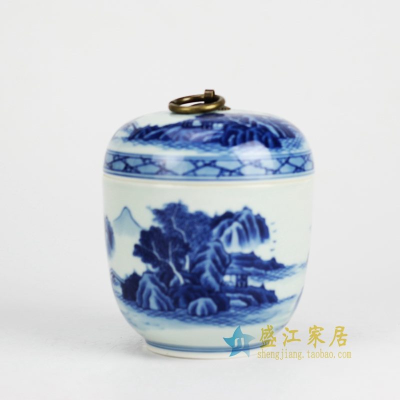 RZCC05 盛江陶瓷 纯手工手绘青花山水铜勾茶叶罐 盖罐 储物罐