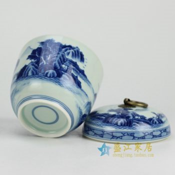 RZCC05 景德镇陶瓷 纯手工手绘青花山水铜勾茶叶罐 盖罐 储物罐