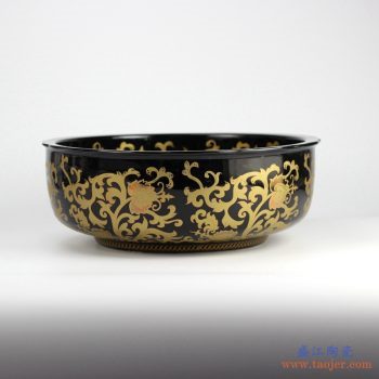 RYXW-YL-DZ-05    黑底金花 缠枝纹 乌金釉 高温  手工艺术卫浴浴室台盆洗手盆洗脸盆台上盆