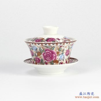 RYYY38-D    景德镇 大号 高温白瓷 彩色牡丹功夫茶具 盖碗 三才碗