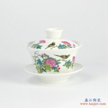 RYYY38-E  景德镇  大号 高温白瓷 彩色花鸟功夫茶具 盖碗 三才碗