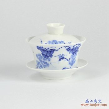 RYYY38-I    景德镇   大号 高温白瓷 青花葡萄功夫茶具 盖碗 三才碗