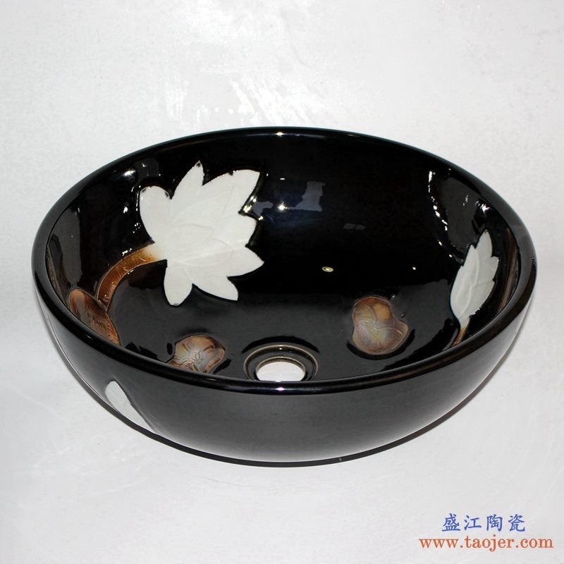 雕刻荷花 黑色乌金高温颜色釉 手工艺术卫浴浴室台盆洗手盆洗脸盆台上盆