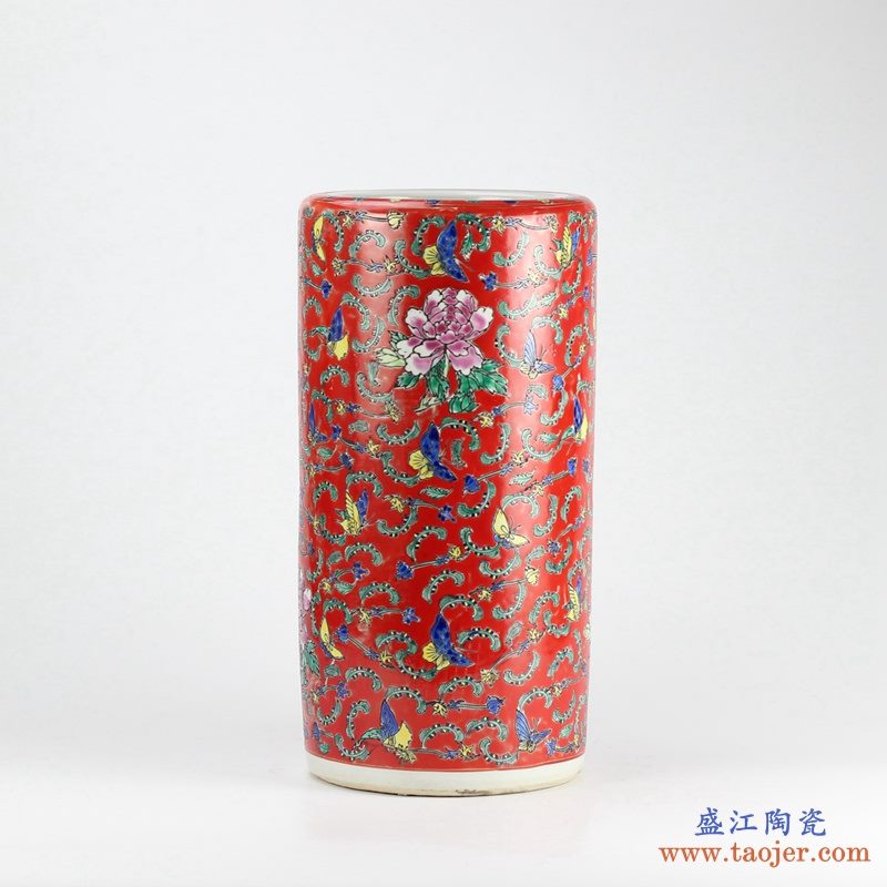 景德镇 红底红地粉彩蝴蝶牡丹釉上彩笔筒 箭筒 伞桶