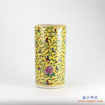 RZCX01-C  景德镇  黄底黄地粉彩蝴蝶牡丹釉上彩笔筒 箭筒 伞桶