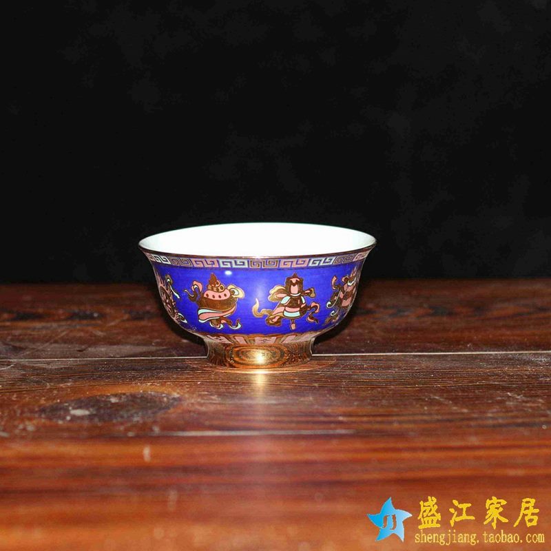 景德镇 4.5寸1300度高温白瓷石榴蓝彩宝高脚碗 米饭碗