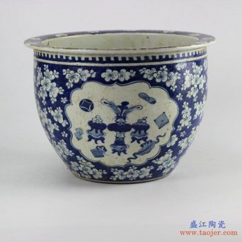 RZHZ01-B  景德镇 仿古青花手绘开光开窗 蓝底白花梅花底 八宝 缸 鱼缸