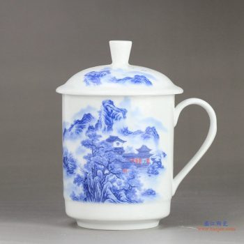 RZIC02  1300度高温白玉瓷  景德镇 青花加彩山水 办公茶杯 水杯（500毫升）