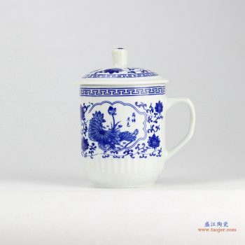 RZID01 青花牡丹 景德镇高温白瓷 荷花 霸王杯 茶杯 水杯