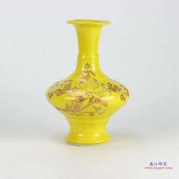 RZIF01-C26-A   景德镇 高温颜色釉 帝王黄釉 釉上彩 金牡丹   扁肚瓶 花瓶
