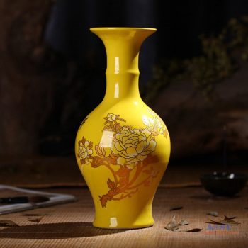 RZIF01-C26-B  景德镇 高温颜色釉 帝王黄釉 釉上彩 金牡丹   花瓶