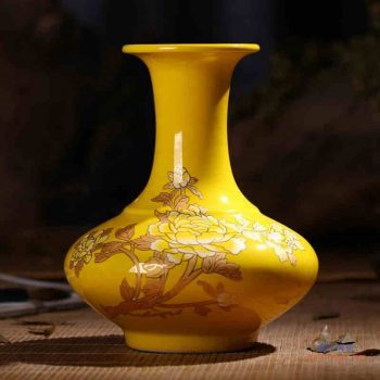 RZIF01-C26-C   景德镇 高温颜色釉 帝王黄釉 釉上彩 金牡丹   扁肚瓶 花瓶