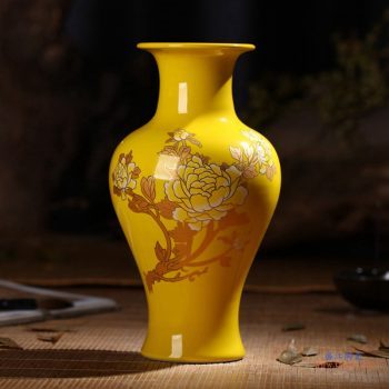 RZIF01-C26-D   景德镇  高温颜色釉 帝王黄釉 釉上彩 金牡丹    花瓶