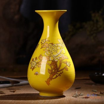 RZIF01-C26-F  景德镇 "高温颜色釉 帝王黄釉 釉上彩 金牡丹   玉壶春瓶 花瓶 "