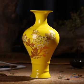RZIF01-C26-H  景德镇 高温颜色釉 帝王黄釉 釉上彩 金牡丹   花瓶 鱼尾瓶