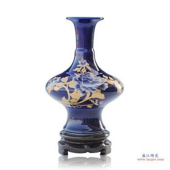 RZIF02-B   景德镇高温颜色釉 祭蓝 釉上彩 金牡丹 扁肚瓶 花瓶