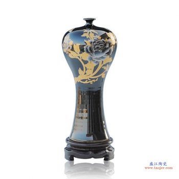 RZIF03-B 高温颜色釉乌金釉 釉上彩 黑釉 金色牡丹 梅瓶 花瓶