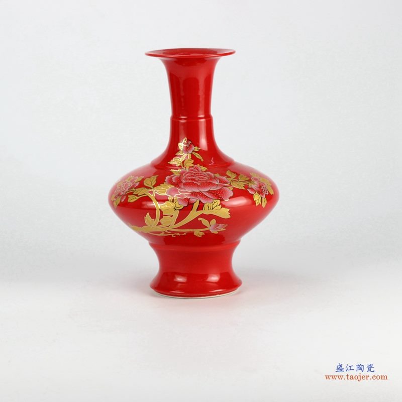 金牡丹 中国红 高温颜色釉 扁肚花瓶花插