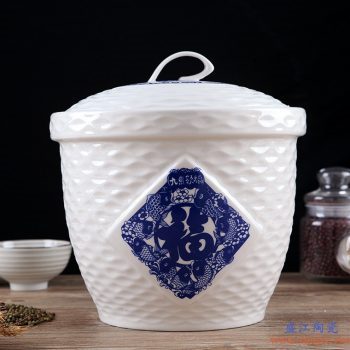RZII10-B-  青花 九鱼聚福 骨质瓷  米缸米桶储米箱防潮虫油缸储罐米坛 15斤装