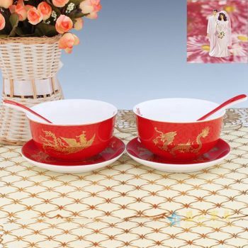 RYGN21    景德镇 婚庆陶瓷 夫妻龙凤对碗 结婚礼品 结婚婚庆碗 碟 勺 餐具 6件套（2碗2勺2碟）