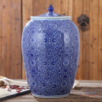 RZAP03-B   青花缠枝串之莲景德镇青花瓷陶瓷米缸油缸  20斤   50斤  100斤带盖水缸米桶泡菜缸防潮  冬瓜缸