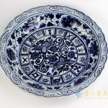 RZEZ09-E  景德镇   刻边 缠枝凤凰 手绘青花 大盘 盘子 瓷盘   厂家直销