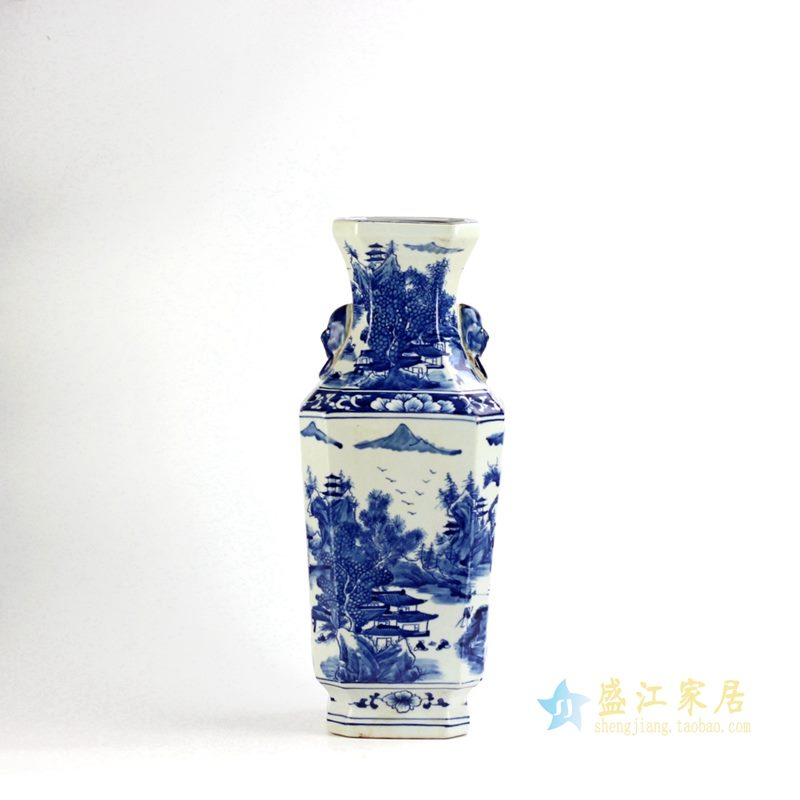 景德镇 山水手绘 青花双耳 花瓶 陈设 厂家直销