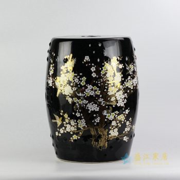rykb116-m  景德镇 黑底梅花鸟 乌金釉高温颜色釉瓷凳 凉墩凳子