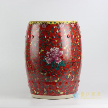 rykb141-c  景德镇 手绘红底粉彩蝴蝶牡丹凳子 瓷凳 凉墩