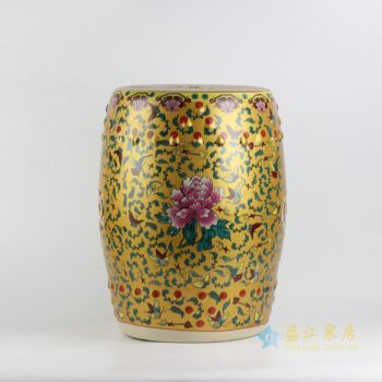rykb141-d  景德镇 手绘黄底粉彩蝴蝶牡丹凳子瓷凳 凉墩