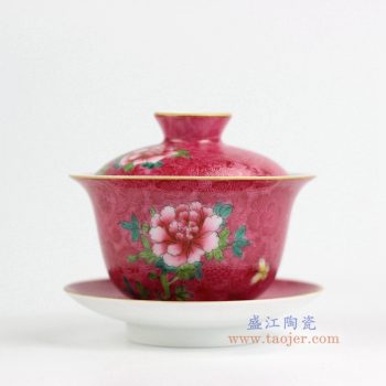 RZFK02     红釉牡丹花盖碗  高9.5cm   肚径10cm 容量150cc